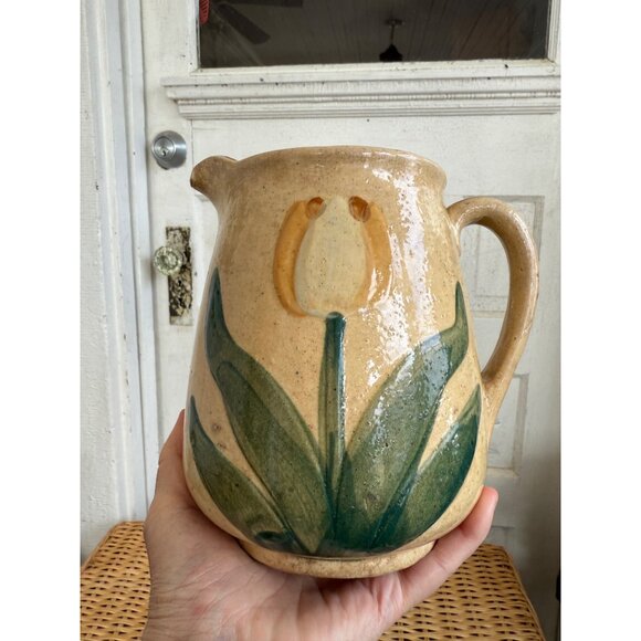 Antique 1910s Stoneware Milk Water Pitcher Yellow Tulips Farmhouse Primitive - Picture 2 of 15
